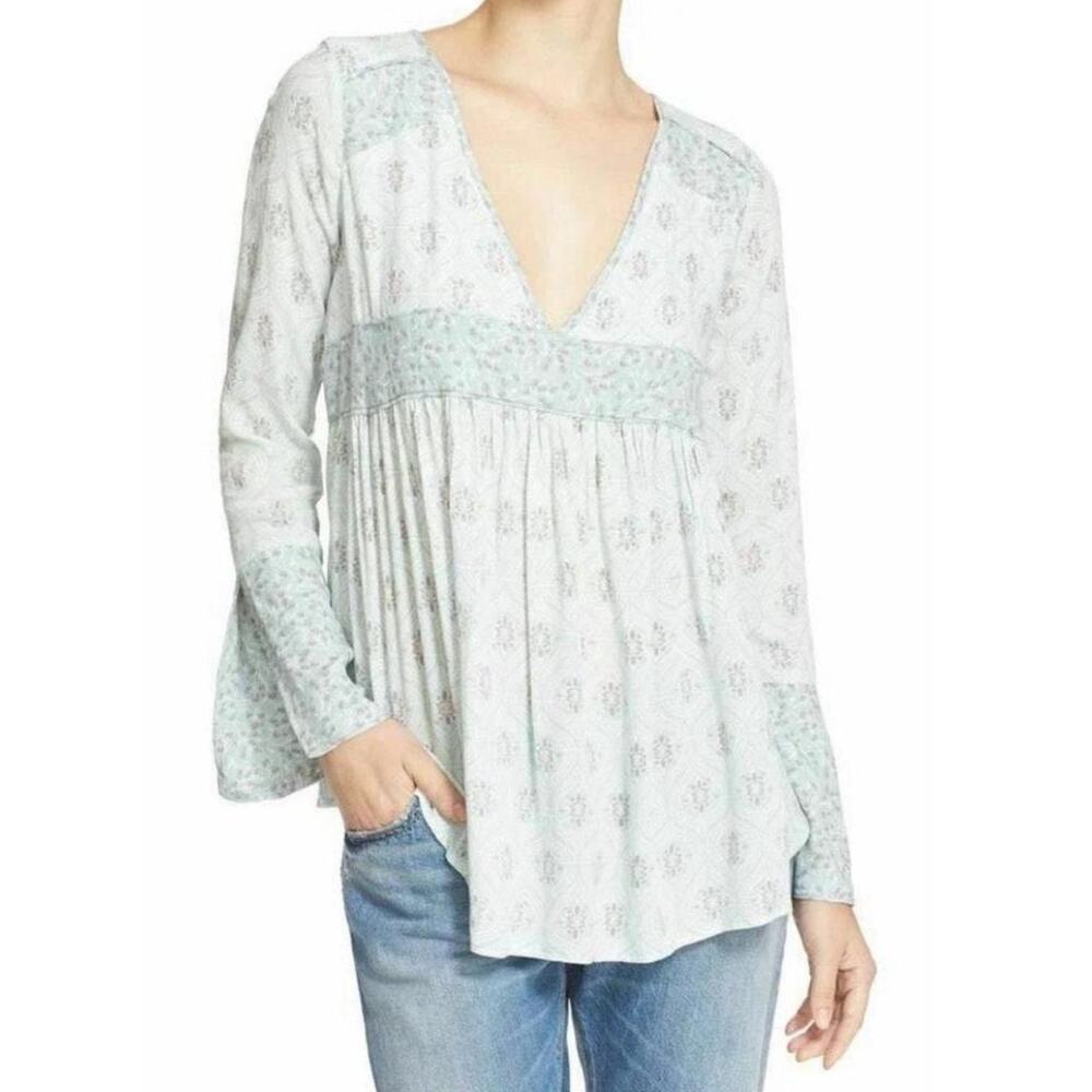 Green and white free people boho long sleeve babydoll blouse size XS